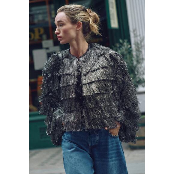 ZARA Fringed Metallic Thread Jacket NWT Silver Size S - Picture 8 of 16